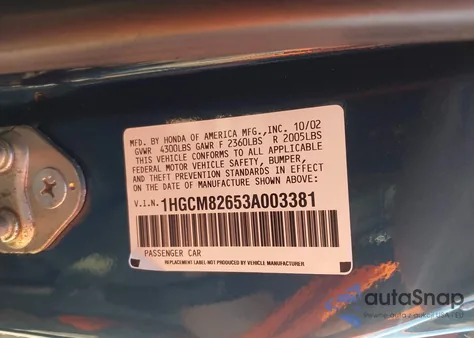 2003 Honda Accord 3.0 Ex from USA, damaged, VIN 1HGCM82653A003381